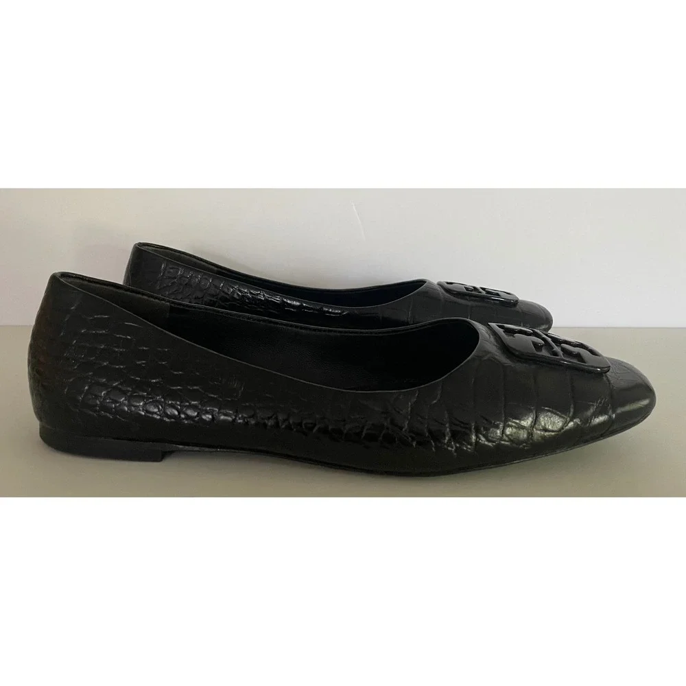 Tory Burch Georgia Black Croc Embossed Leather Square Toe Ballet Flats Career 8M